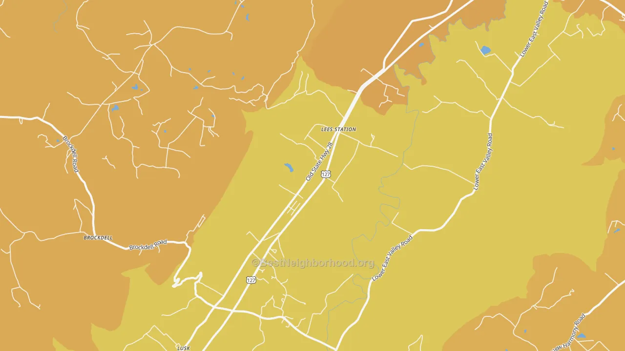 Map of the best neighborhoods in the Lees Station area, with better matches in green and worse matches in red
