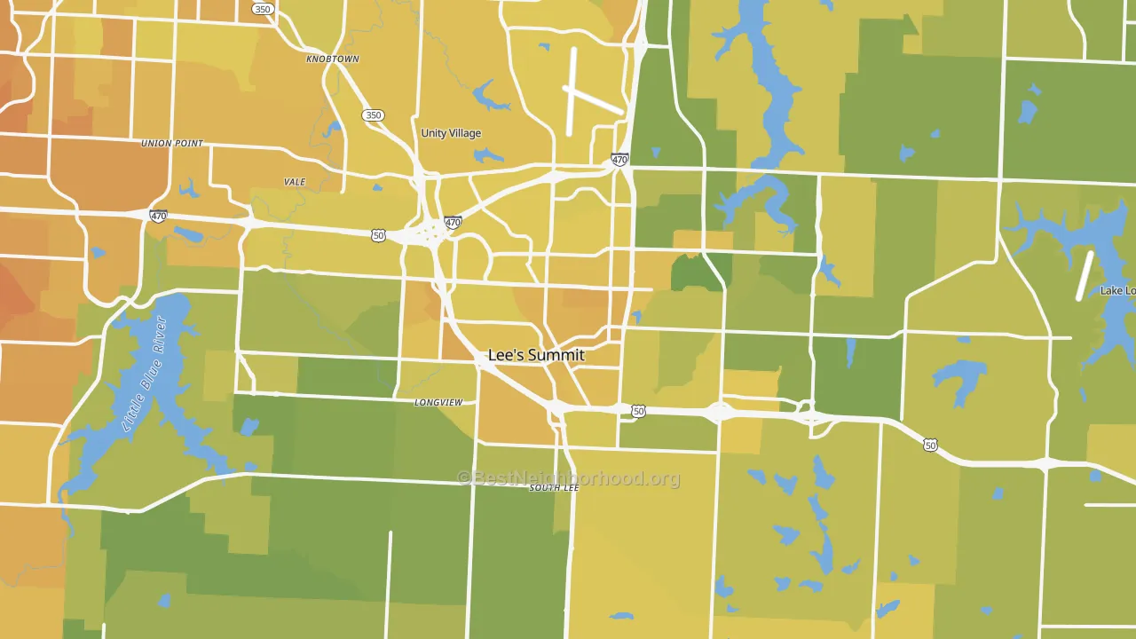 Map of the best neighborhoods in the Lees Summit area, with better matches in green and worse matches in red