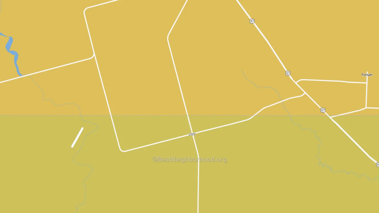 Map of the best neighborhoods in the Lees area, with better matches in green and worse matches in red