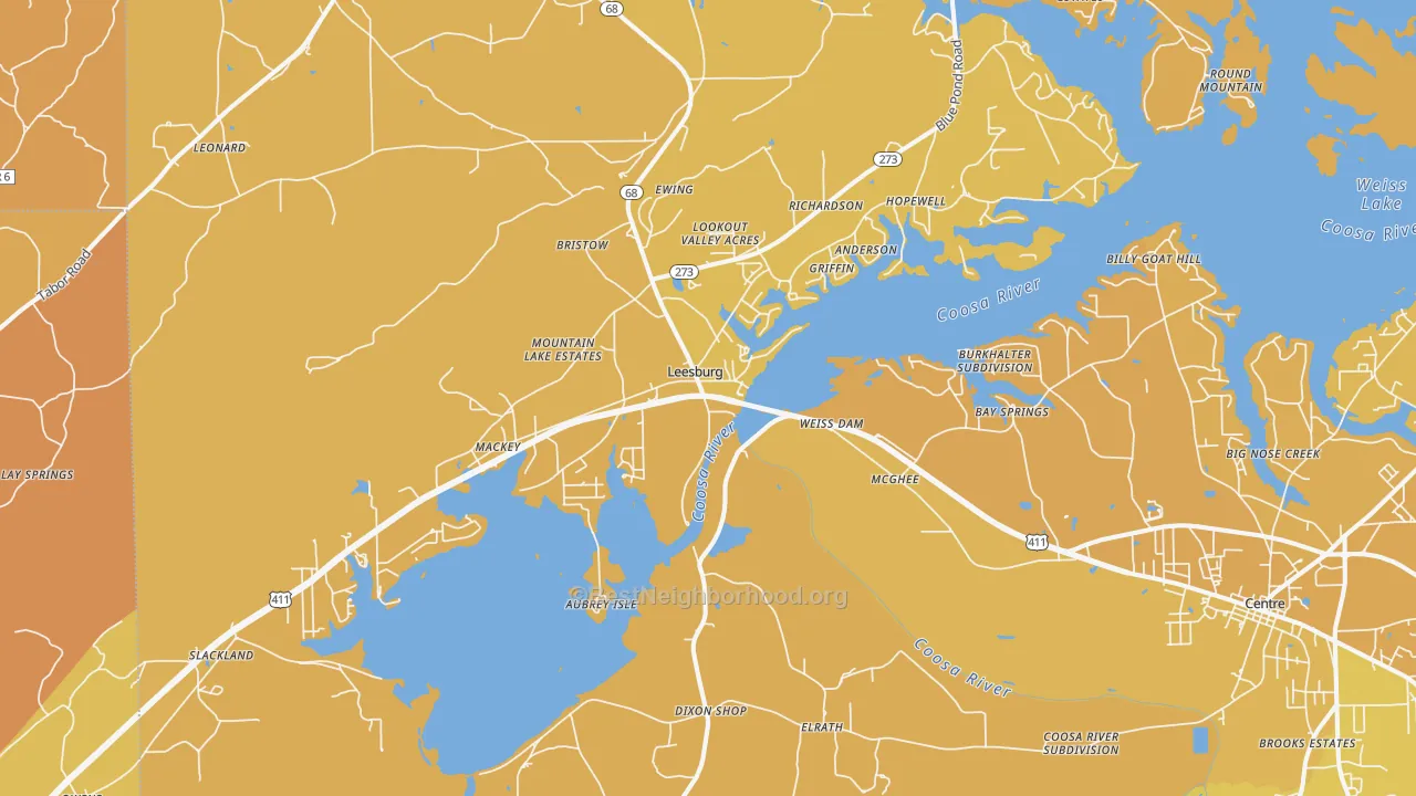 Map of the best neighborhoods in the Leesburg area, with better matches in green and worse matches in red
