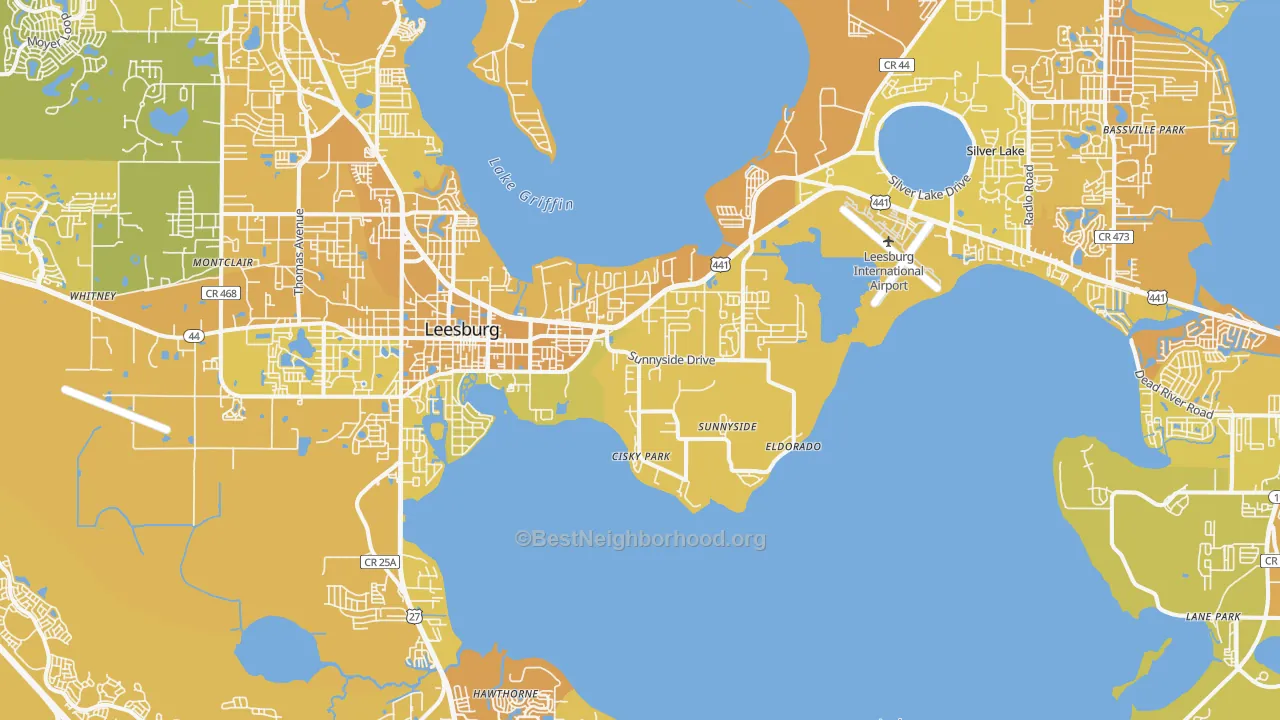 Map of the best neighborhoods in the Leesburg area, with better matches in green and worse matches in red