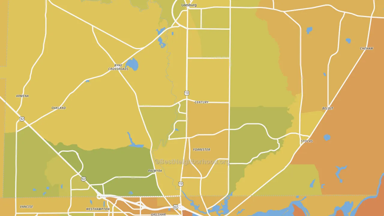 Map of the best neighborhoods in the Leesburg area, with better matches in green and worse matches in red