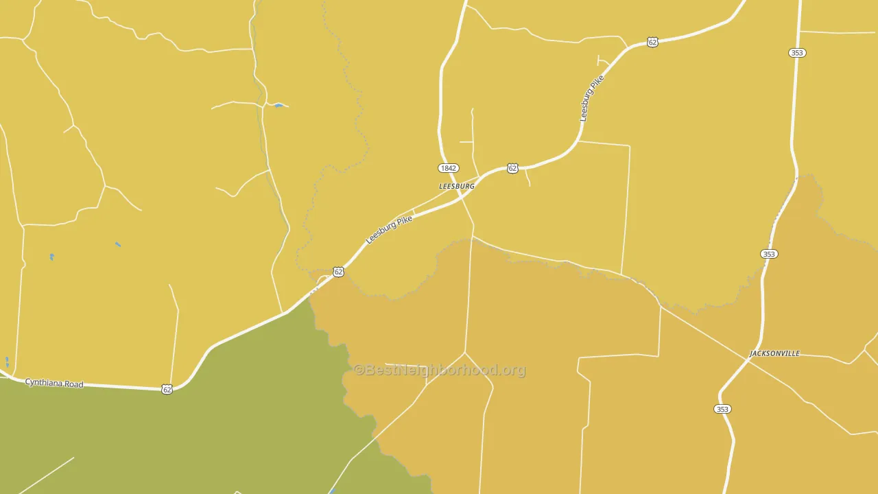 Map of the best neighborhoods in the Leesburg area, with better matches in green and worse matches in red