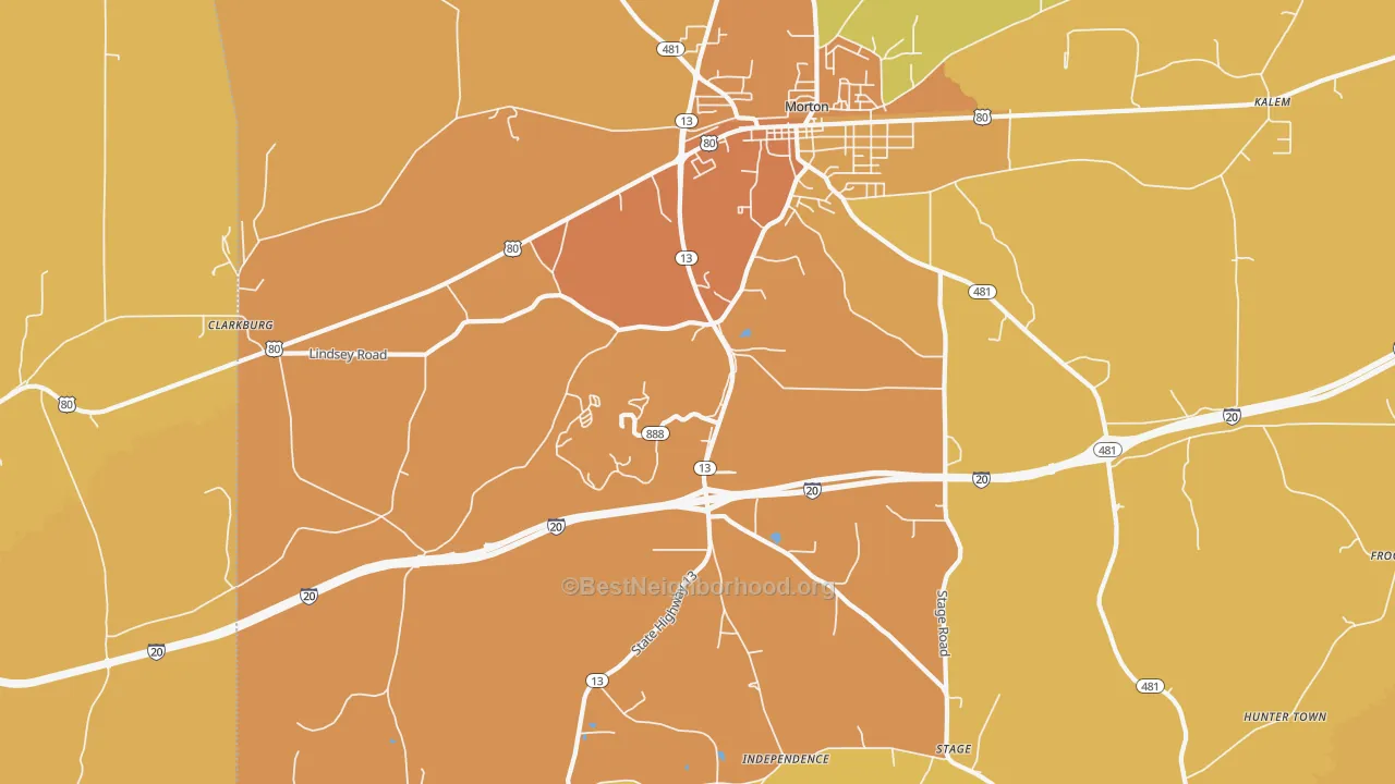 Map of the best neighborhoods in the Leesburg area, with better matches in green and worse matches in red