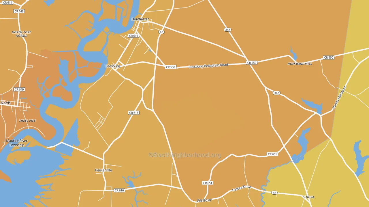 Map of the best neighborhoods in the Leesburg area, with better matches in green and worse matches in red