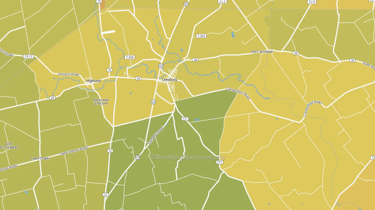 Map of the best neighborhoods in the Leesburg area, with better matches in green and worse matches in red