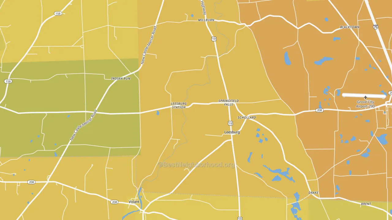 Map of the best neighborhoods in the Leesburg area, with better matches in green and worse matches in red