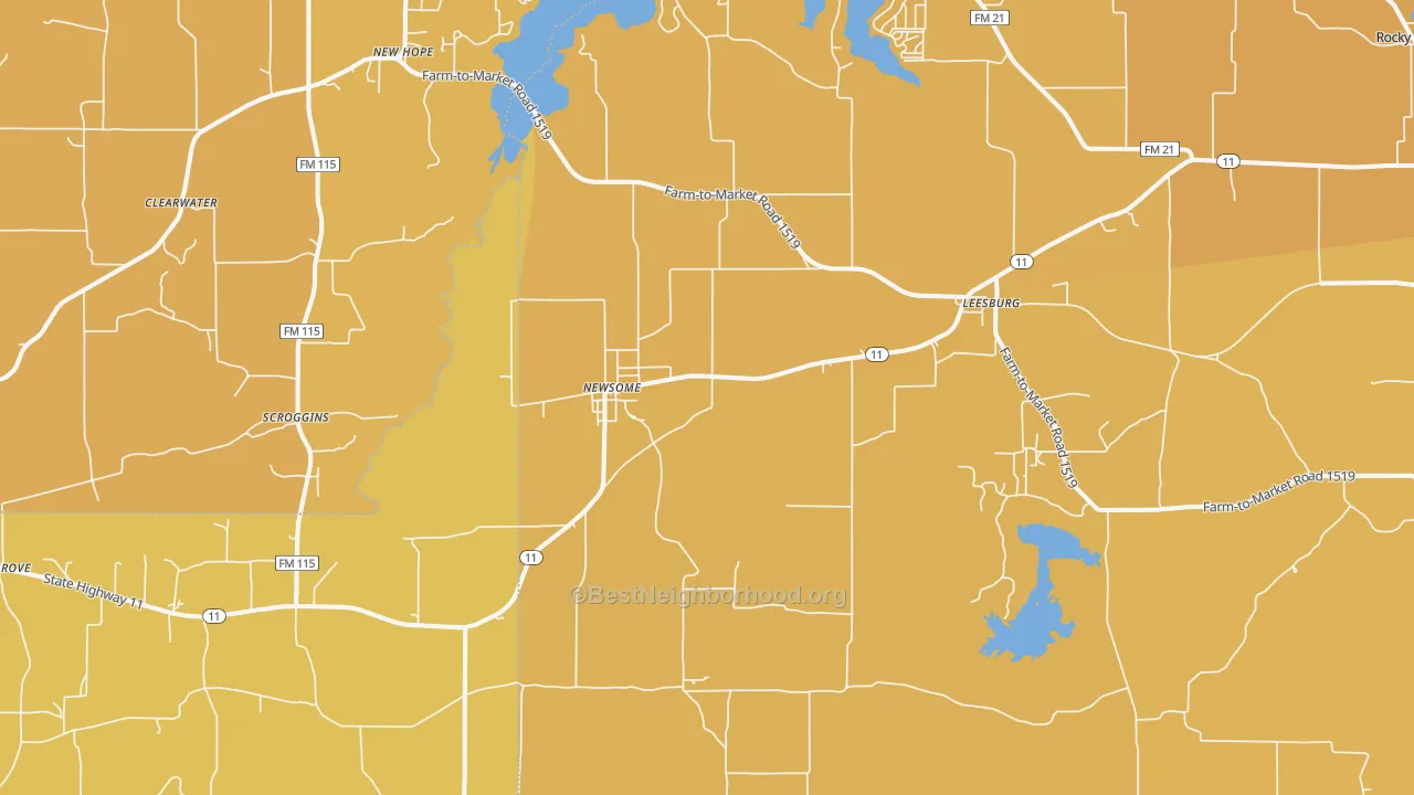 Map of the best neighborhoods in the Leesburg area, with better matches in green and worse matches in red