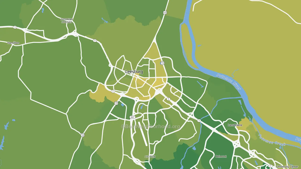 Map of the best neighborhoods in the Leesburg area, with better matches in green and worse matches in red