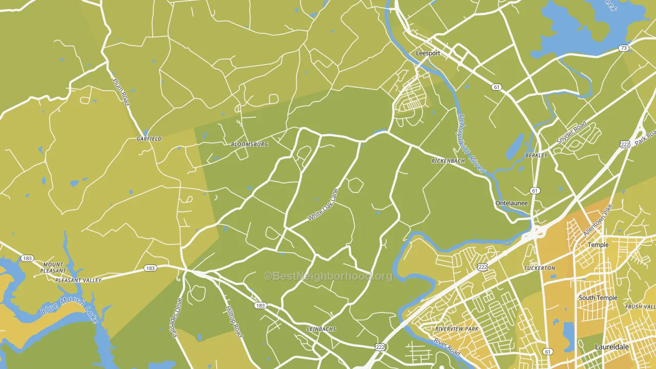 Map of the best neighborhoods in the Leesport area, with better matches in green and worse matches in red