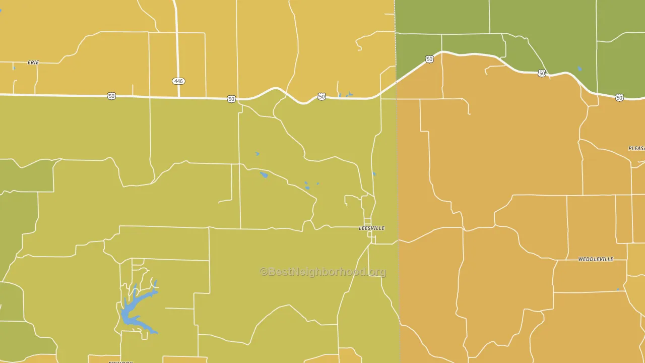 Map of the best neighborhoods in the Leesville area, with better matches in green and worse matches in red