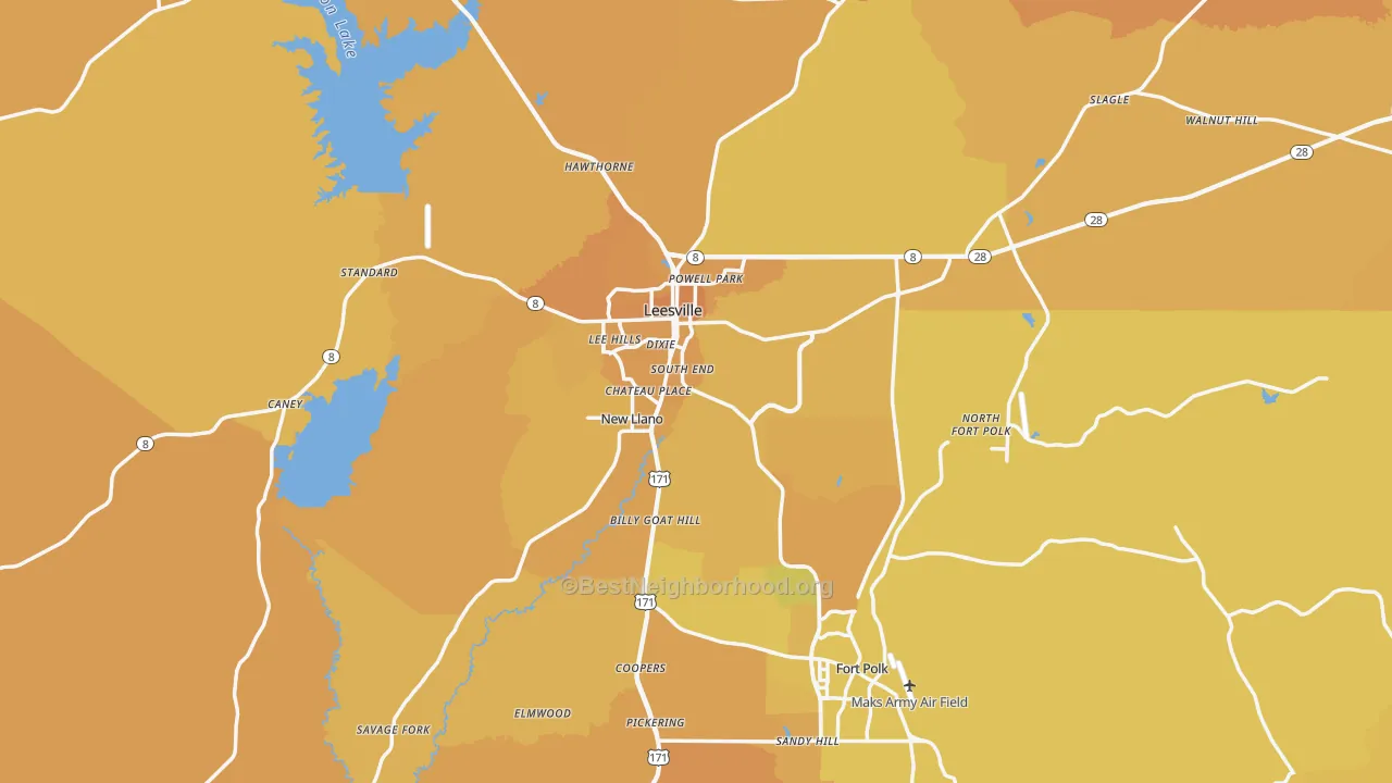 Map of the best neighborhoods in the Leesville area, with better matches in green and worse matches in red