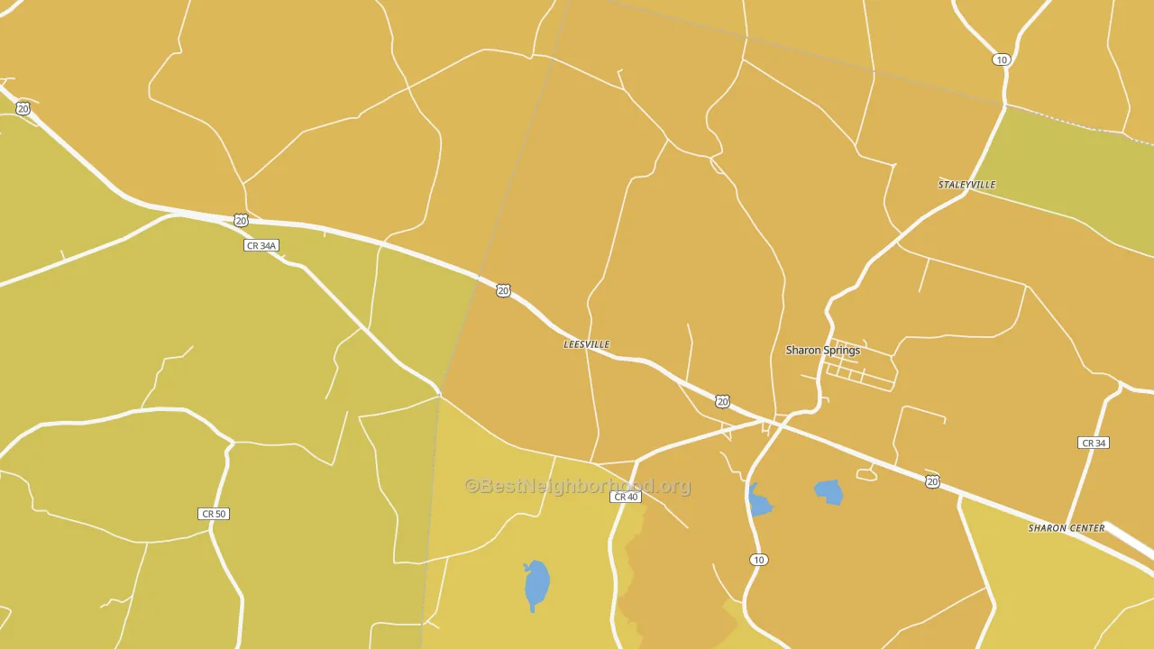 Map of the best neighborhoods in the Leesville area, with better matches in green and worse matches in red