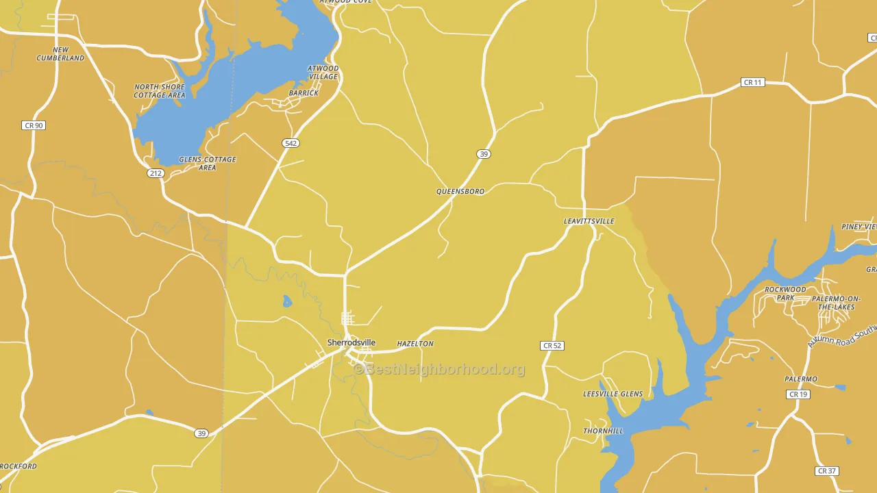 Map of the best neighborhoods in the Leesville area, with better matches in green and worse matches in red