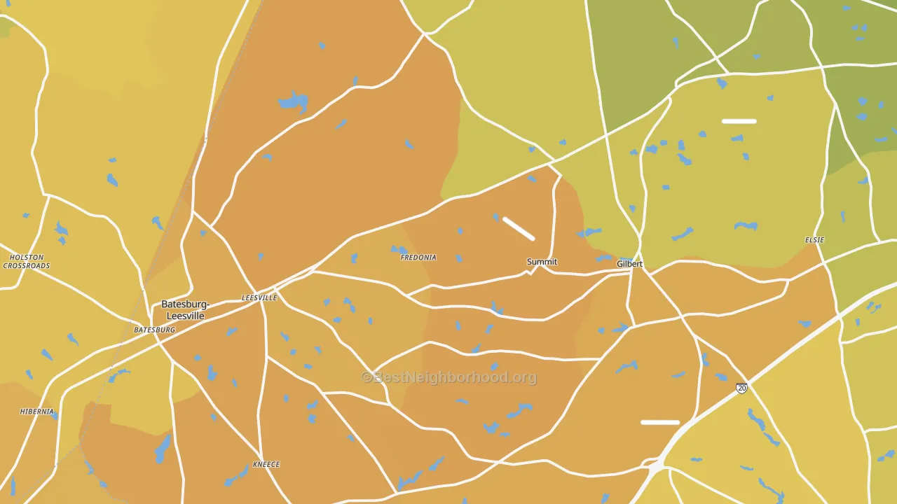 Map of the best neighborhoods in the Leesville area, with better matches in green and worse matches in red