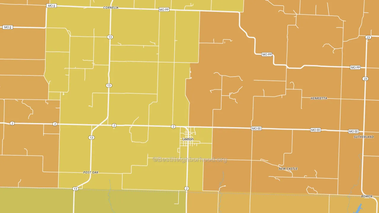 Map of the best neighborhoods in the Leeton area, with better matches in green and worse matches in red