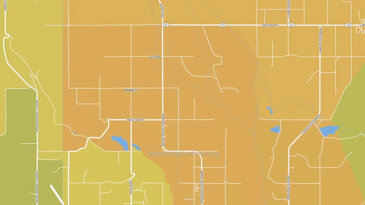 Map of the best neighborhoods in the Leeton area, with better matches in green and worse matches in red
