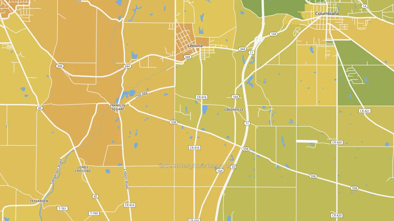 Map of the best neighborhoods in the Leetonia area, with better matches in green and worse matches in red