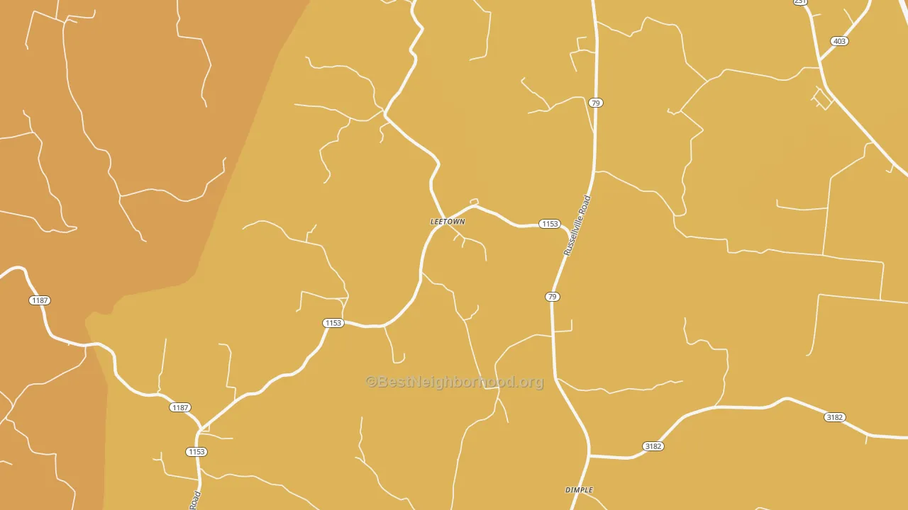 Map of the best neighborhoods in the Leetown area, with better matches in green and worse matches in red