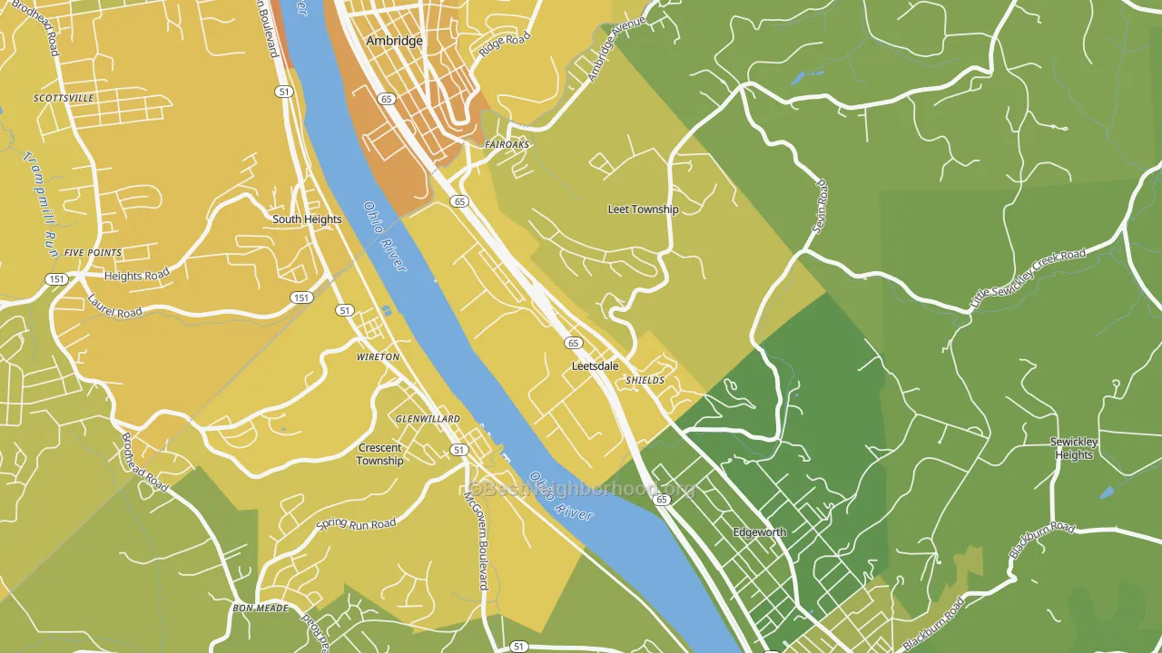 Map of the best neighborhoods in the Leetsdale area, with better matches in green and worse matches in red