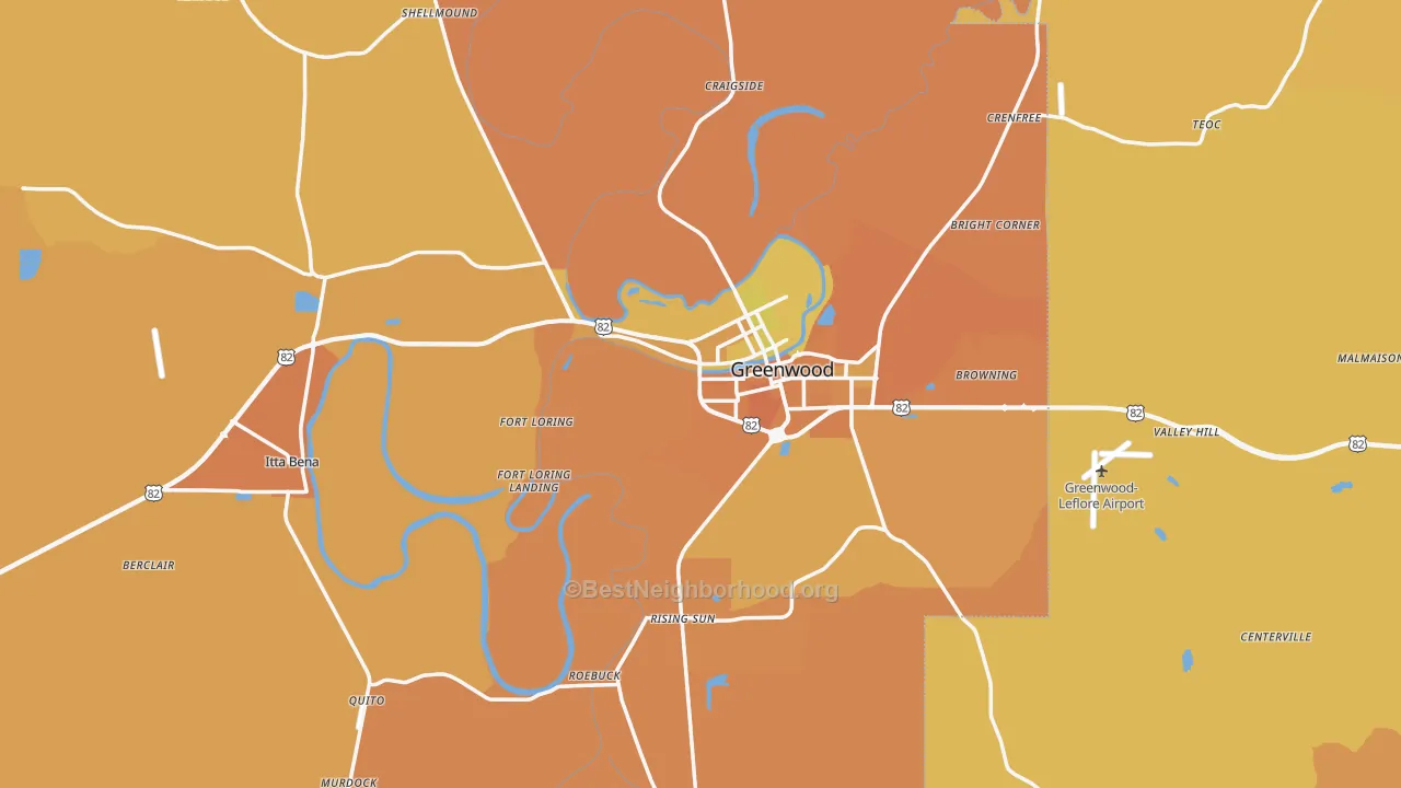 Map of the best neighborhoods in the Leflore County area, with better matches in green and worse matches in red