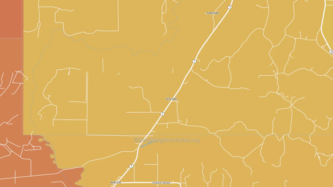 Map of the best neighborhoods in the Leflore area, with better matches in green and worse matches in red