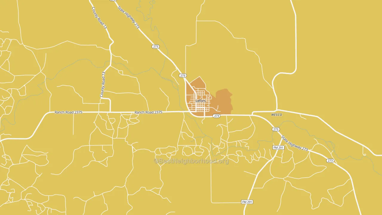 Map of the best neighborhoods in the Lefors area, with better matches in green and worse matches in red