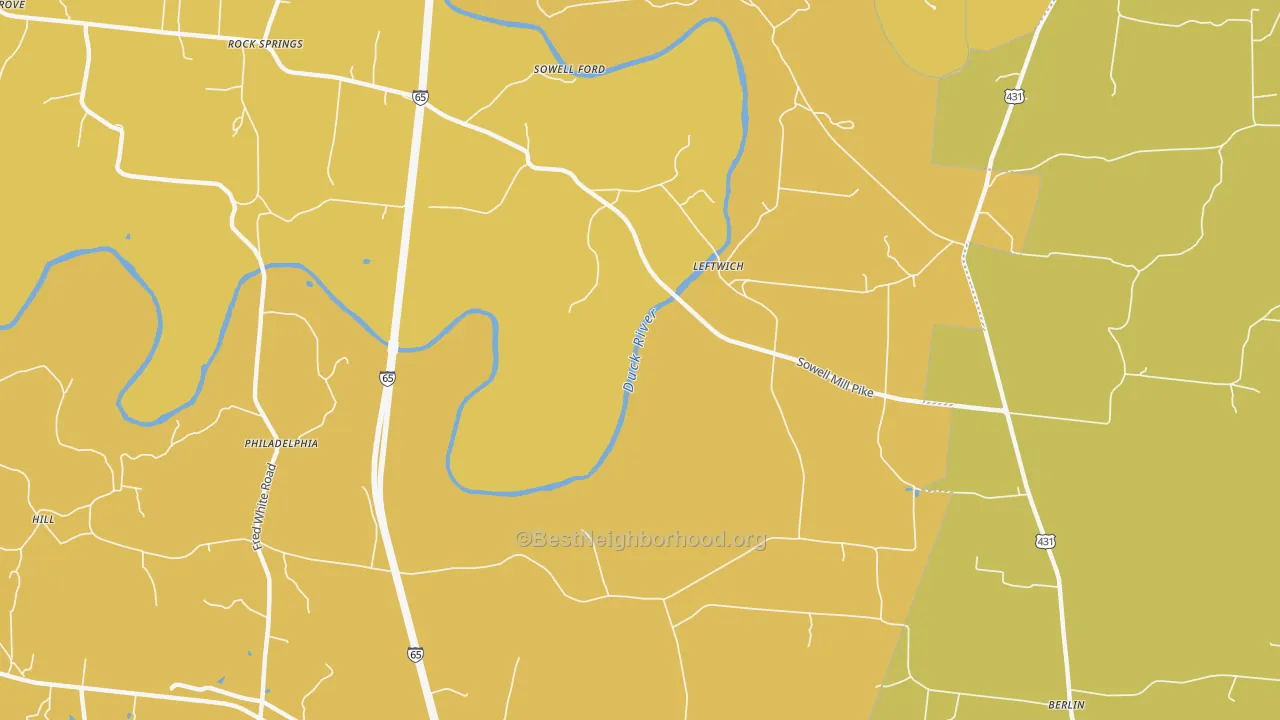 Map of the best neighborhoods in the Leftwich area, with better matches in green and worse matches in red