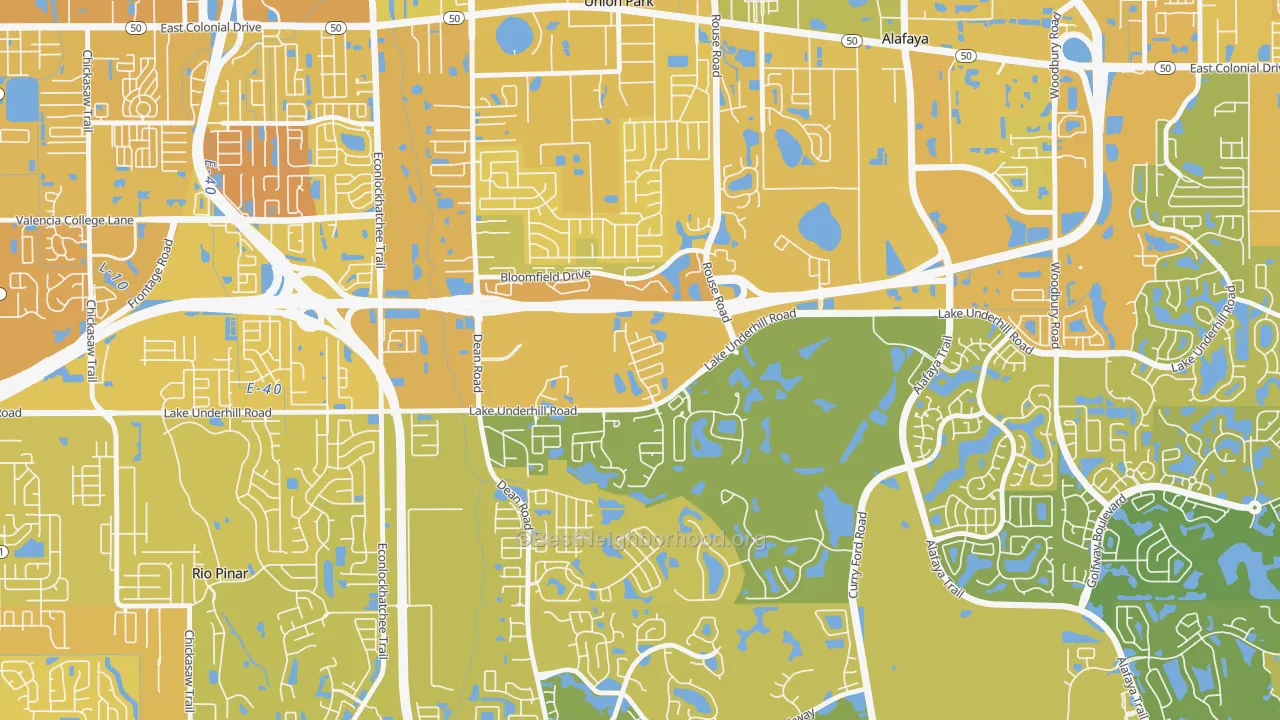 Map of the best neighborhoods in the Legacy Place, Alafaya area, with better matches in green and worse matches in red