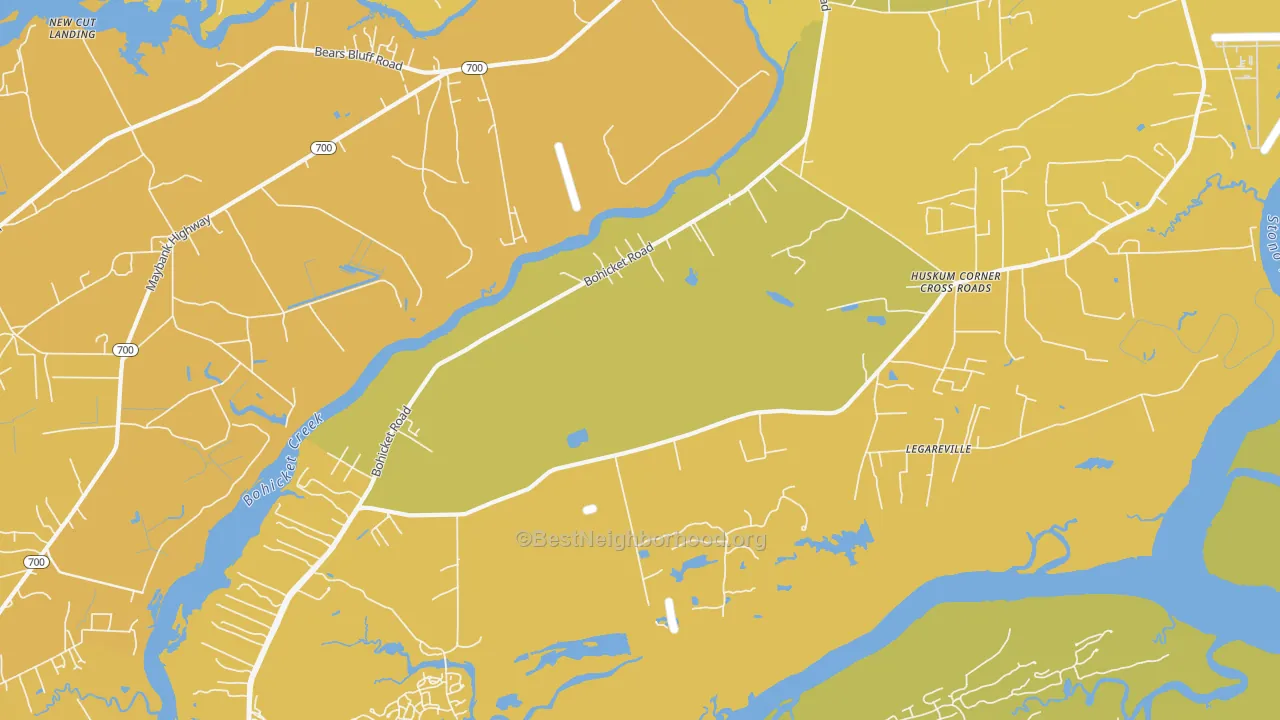 Map of the best neighborhoods in the Legareville area, with better matches in green and worse matches in red