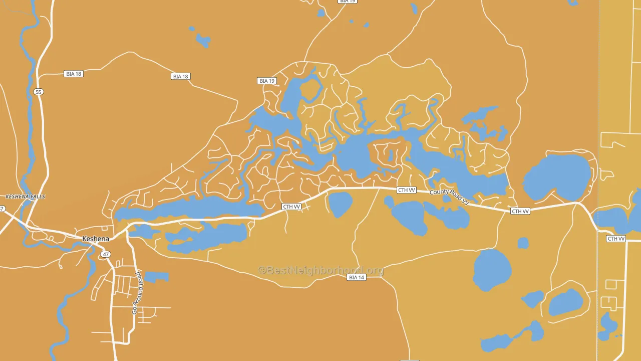 Map of the best neighborhoods in the Legend Lake area, with better matches in green and worse matches in red