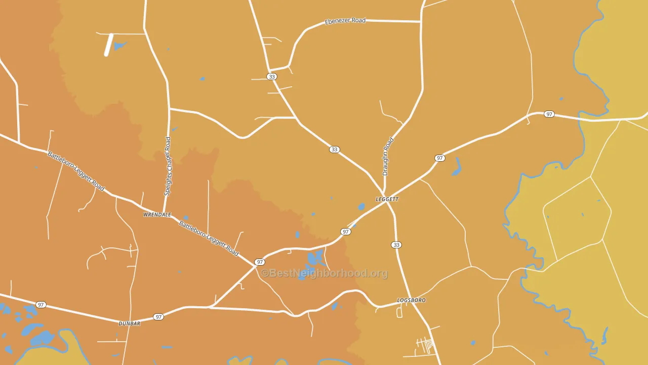 Map of the best neighborhoods in the Leggett area, with better matches in green and worse matches in red