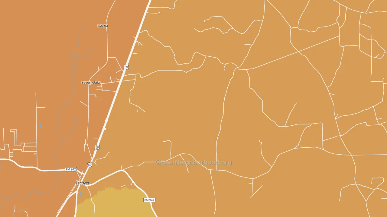 Map of the best neighborhoods in the Leggett area, with better matches in green and worse matches in red