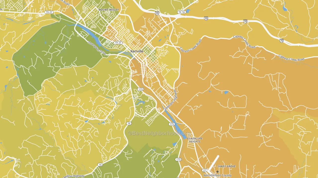 Map of the best neighborhoods in the Legion area, with better matches in green and worse matches in red