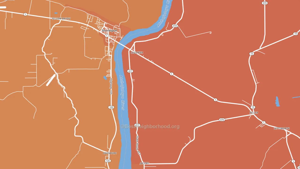 Map of the best neighborhoods in the Legonier area, with better matches in green and worse matches in red