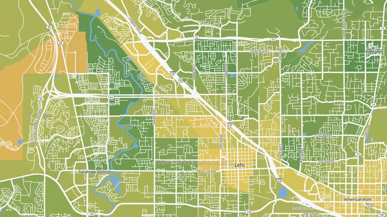 Map of the best neighborhoods in the Lehi area, with better matches in green and worse matches in red