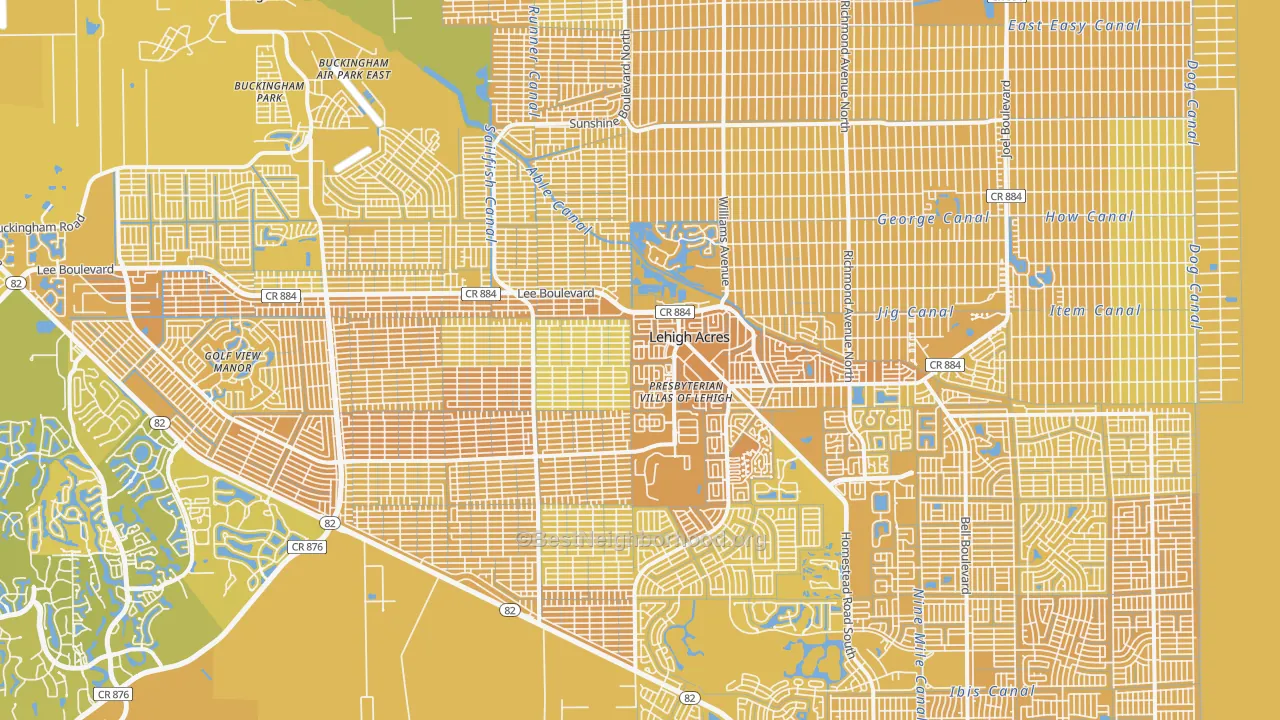 Map of the best neighborhoods in the Lehigh Acres area, with better matches in green and worse matches in red