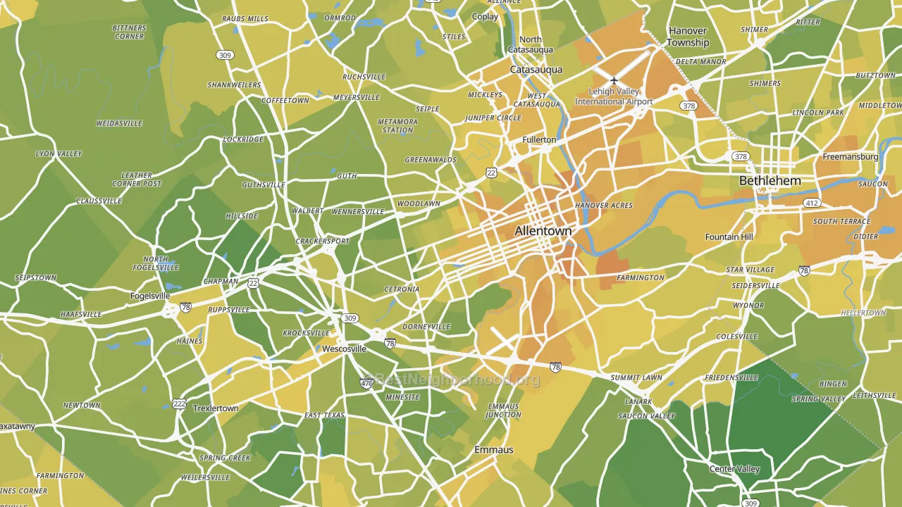 Map of the best neighborhoods in the Lehigh County area, with better matches in green and worse matches in red