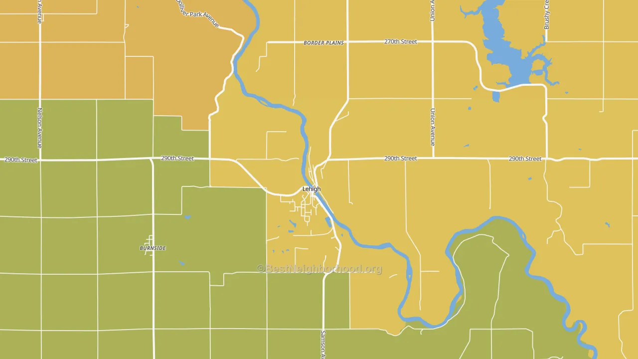 Map of the best neighborhoods in the Lehigh area, with better matches in green and worse matches in red