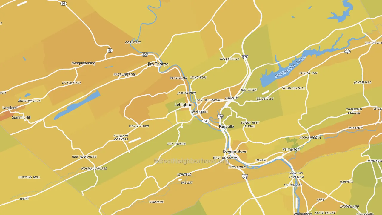 Map of the best neighborhoods in the Lehighton area, with better matches in green and worse matches in red