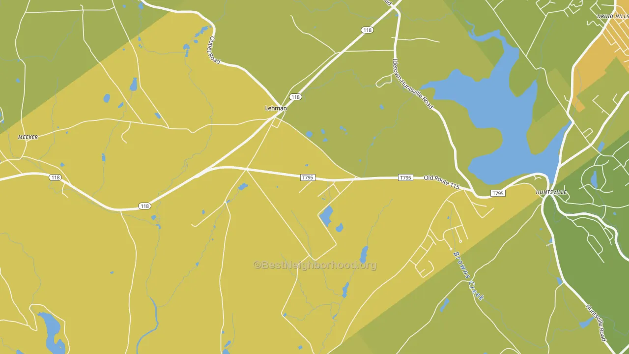 Map of the best neighborhoods in the Lehman area, with better matches in green and worse matches in red