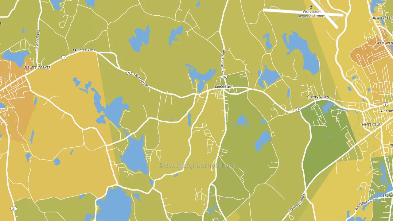 Map of the best neighborhoods in the Leicester area, with better matches in green and worse matches in red