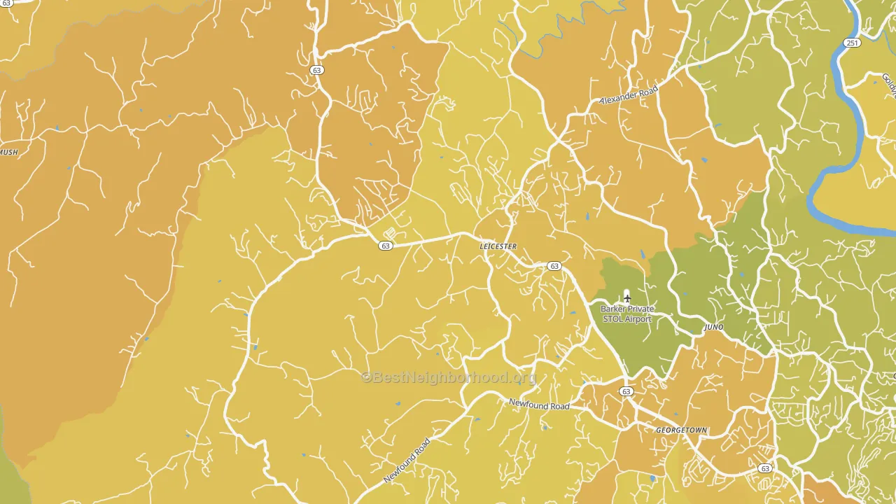 Map of the best neighborhoods in the Leicester area, with better matches in green and worse matches in red