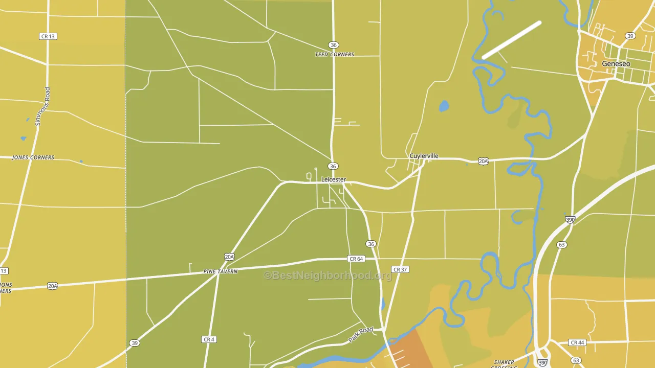 Map of the best neighborhoods in the Leicester area, with better matches in green and worse matches in red