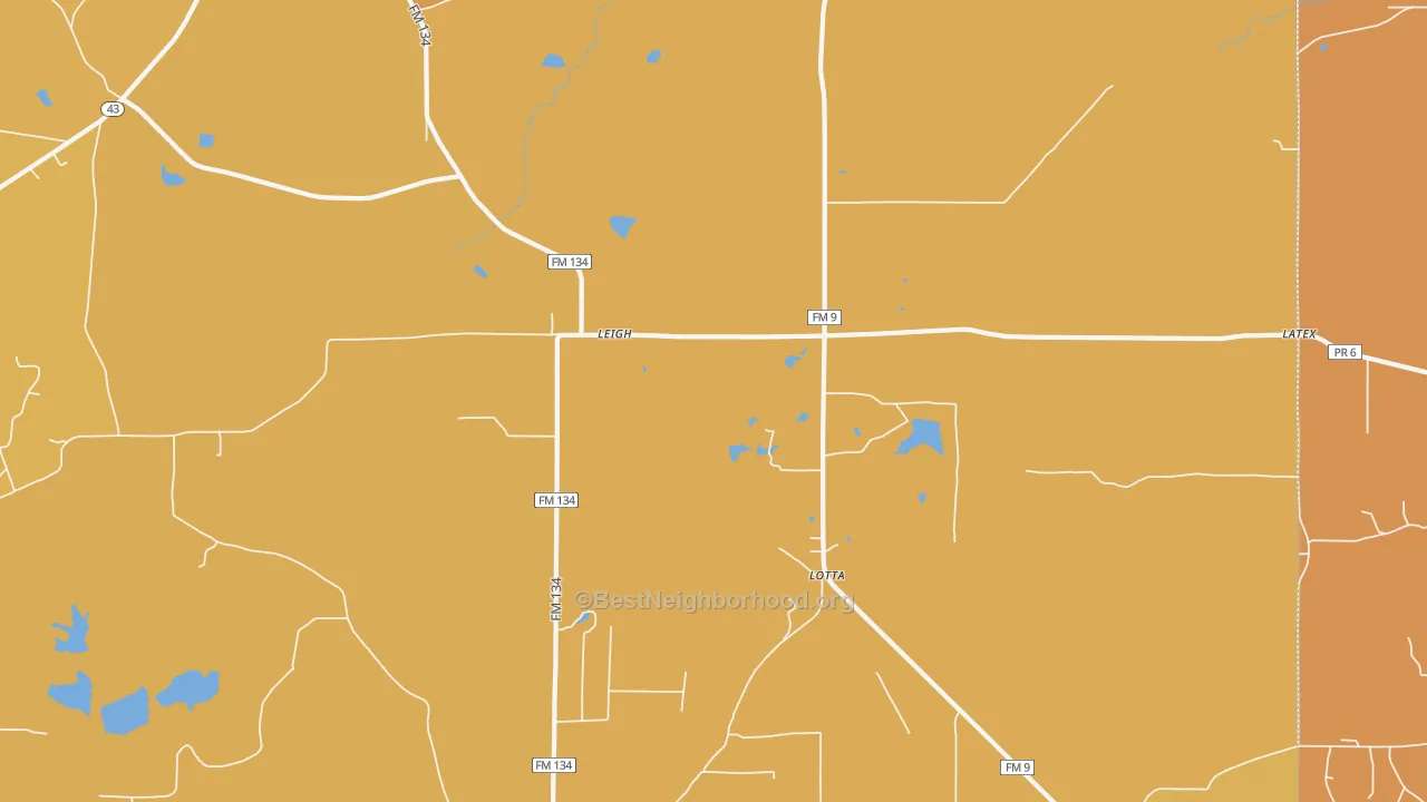 Map of the best neighborhoods in the Leigh area, with better matches in green and worse matches in red