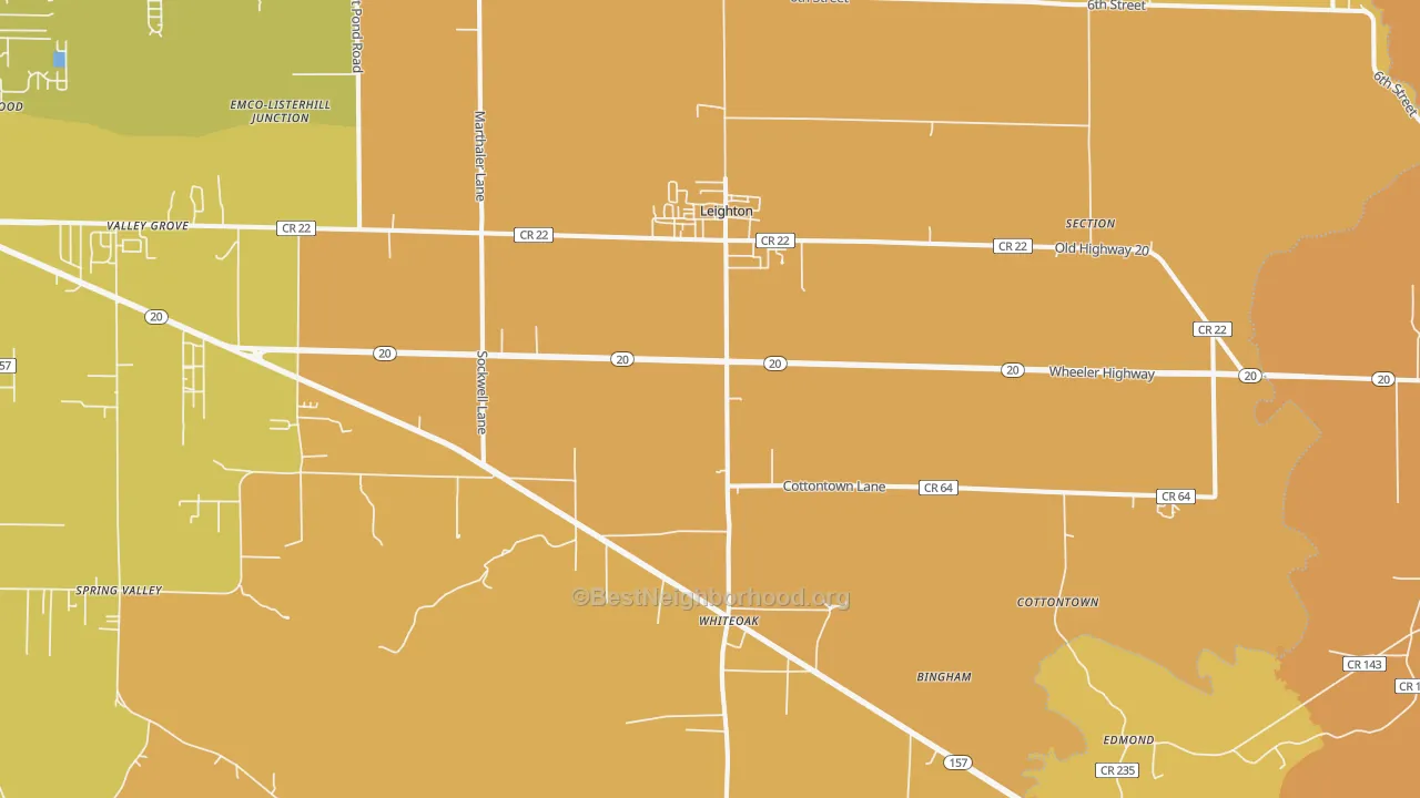 Map of the best neighborhoods in the Leighton area, with better matches in green and worse matches in red