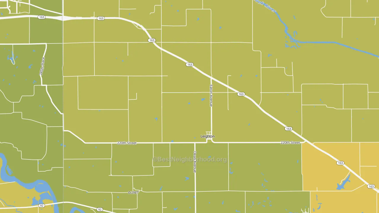 Map of the best neighborhoods in the Leighton area, with better matches in green and worse matches in red