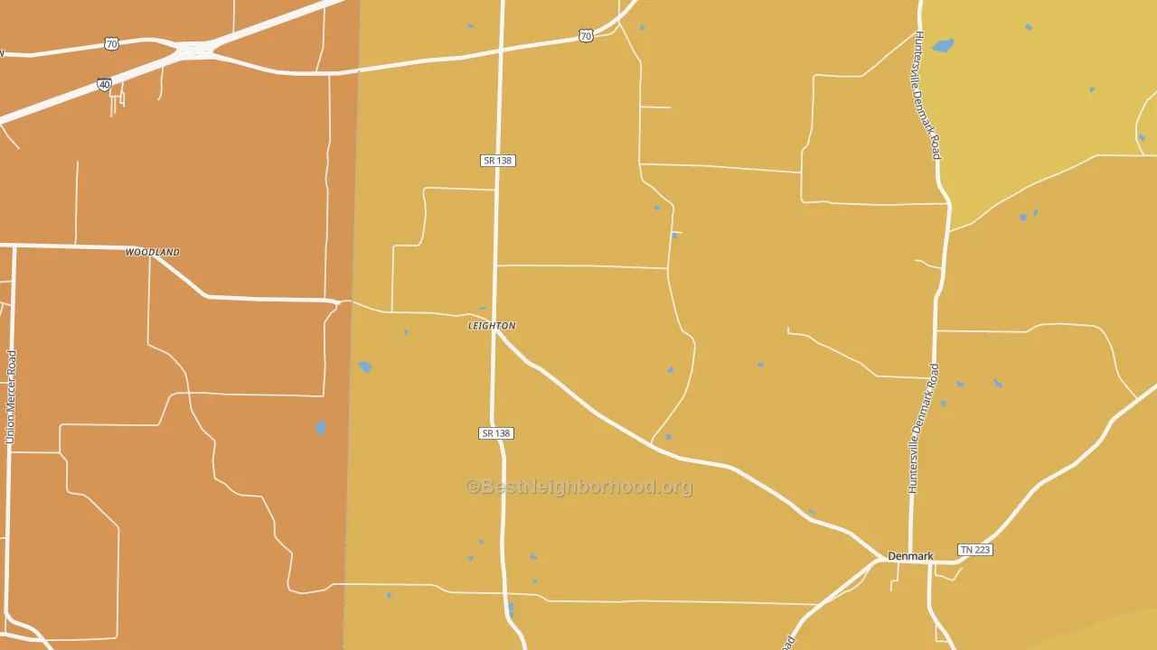 Map of the best neighborhoods in the Leighton area, with better matches in green and worse matches in red
