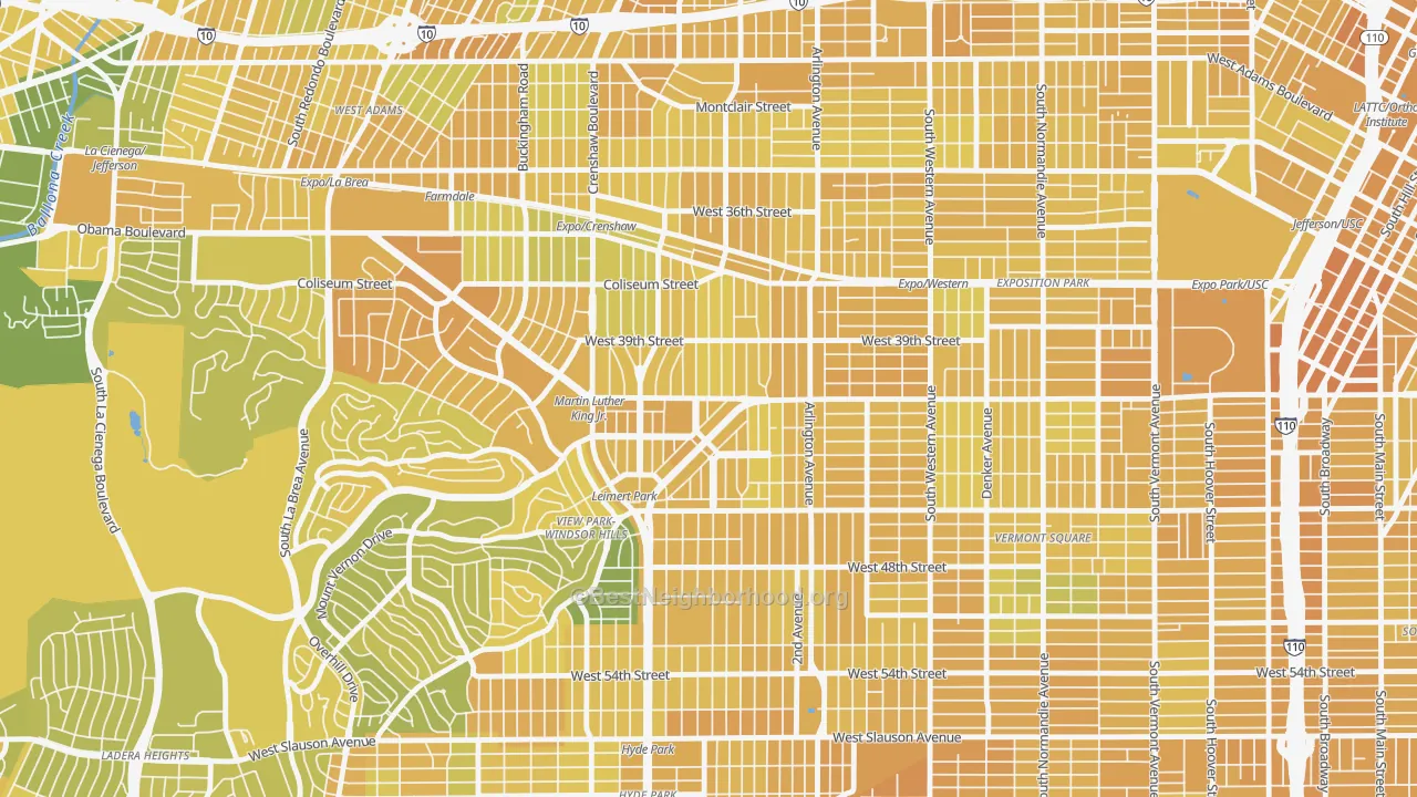 Map of the best neighborhoods in the Leimert Park, Los Angeles area, with better matches in green and worse matches in red