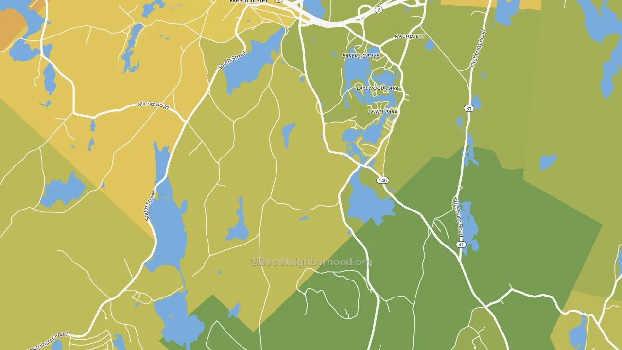 Map of the best neighborhoods in the Leino Park area, with better matches in green and worse matches in red